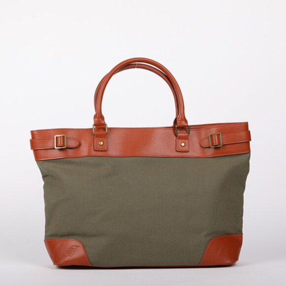 Large Canvas & Vegan Leather Tote – Laptop Bag, Travel Carry-On - Green/Brown - Picture 1 of 6